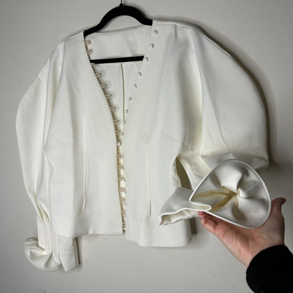 Cream V-Neck Loop & Button Front Balloon Pleated Cuff Sleeve Crop Blouse Med - Picture 5 of 11